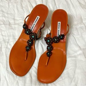 Manolo Blahnik Orange embellished boho heels